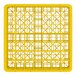 A yellow Vollrath Traex glass rack with a yellow plastic shelf with many square holes.