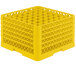 A yellow Vollrath Traex glass rack with a grid on top.