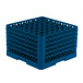 A blue plastic container with many holes.