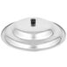 A silver aluminum wok cover with a black knob.