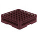 A burgundy Vollrath Traex glass rack with compartments for 49 glasses.