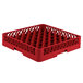 A red Vollrath Traex glass rack with 49 compartments.