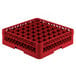 A red plastic Vollrath Traex glass rack with 49 compartments.