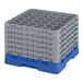 A stack of blue plastic Cambro glass racks with extenders on a white background.