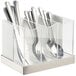 Cal-Mil 3015-55 Luxe White Metal Three Compartment Flatware Organizer with Stainless Steel Base and Acrylic Dividers - 8 1/4 inch x 5 3/4 inch x 6 inch