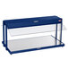 A navy blue metal Hatco buffet warmer with a glass top on a table.