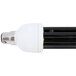 A close-up of a black and white fluorescent bulb with a white base.