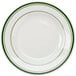 A white Tuxton china plate with green bands.