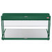 A green metal Hatco buffet warmer with a glass top on a counter.