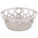 A Tablecraft stainless steel round serving basket with circle cut outs.