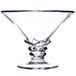 A clear glass Arcoroc dessert dish with a twisty design on the rim and a metal base.