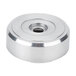A stainless steel round blender base with a hole in the middle.