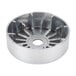 A silver metal circular object with holes in the center.