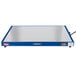 A white rectangular metal shelf with a blue border on a wire stand.