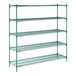 A large green metal wire shelving unit with five adjustable shelves.