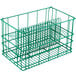 A green metal rack with several racks for plates.