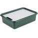 A rectangular green plastic container with a white lid.