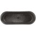 A black oval basket with a circular pattern on the bottom and a handle.