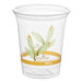 A clear 12 oz. plastic cold cup with green and gold leaf designs and the Bare by Solo logo.