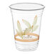 A clear 16 oz. plastic cold cup with a leaf design and eco-friendly branding.