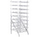 A white rack with metal shelves.