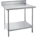 An Advance Tabco stainless steel work table with undershelf and backsplash on a counter.