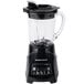 A black Hamilton Beach blender with a clear glass container.