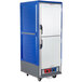 A blue holding and proofing cabinet with black handles.