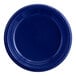 A close-up of a navy blue plastic plate with a white circle.