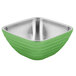 A green and silver square Vollrath serving bowl.