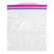 A white Ziploc plastic storage bag with a pink and blue stripe and a pink zipper.