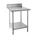 A stainless steel Advance Tabco work table with a shelf.