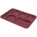 A dark cranberry Carlisle melamine tray with six compartments.