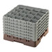 A stackable plastic glass rack with 16 compartments and 6 extenders, designed for washing and storing glassware.