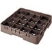 A brown plastic glass rack with 16 compartments and multiple extenders for holding and washing glassware.