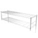 A Metro Erecta chrome wall shelf with two shelves on it.