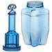 A blue plastic bottle with a lid in a clear container.