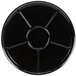 A black round WNA Comet catering tray with 6 compartments and cross lines.