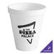 A white Dart foam cup with black text that says "Pizza Palace"