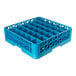 A blue plastic glass rack with 36 compartments and a single extender.