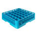 A blue plastic glass rack with 36 compartments and a single extender, designed for washing and transporting glassware.