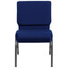 A navy blue Flash Furniture church chair with a silver metal frame.