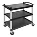 A black Cambro utility cart with three shelves and silver metal legs.