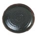 A black Thunder Group lotus shaped melamine plate with a brown rim.