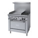 A stainless steel Garland commercial gas range with two burners and a griddle over the oven.