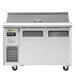 A stainless steel Turbo Air refrigerated sandwich prep table with two doors.