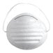 A white general purpose nuisance dust mask with an elastic strap and a metal nose clip.