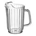 A clear plastic pitcher with a handle.