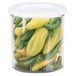 A white Cambro lid on a clear crock full of green and yellow peppers.