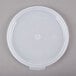 A white plastic lid for a Cambro clear crock with white text.